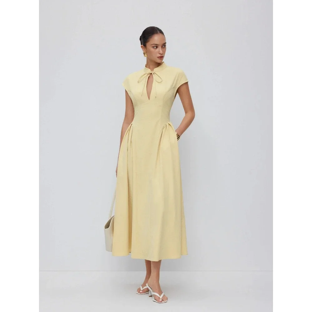 Cider STAND COLLAR TIE-NECK SHORT SLEEVE DRAPED POCKET FLARED MAXI DRESS XL 10